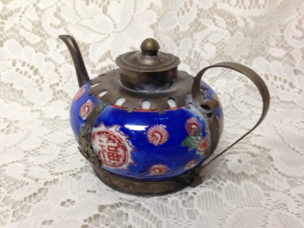 Vintage, Miniature Enamel -Painted Ceramics Metal Teapot 5.5in W x 3.5 H