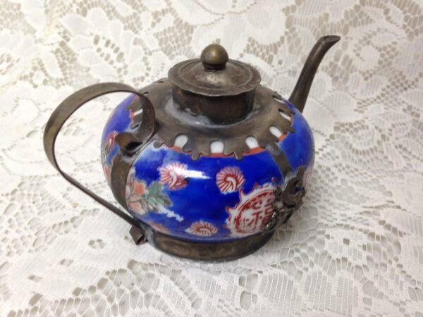 Vintage, Miniature Enamel -Painted Ceramics Metal Teapot 5.5in W x 3.5 H