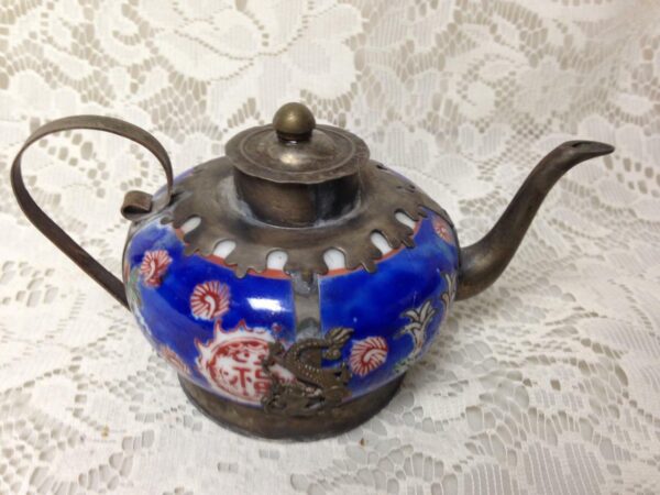 Vintage, Miniature Enamel -Painted Ceramics Metal Teapot 5.5in W x 3.5 H