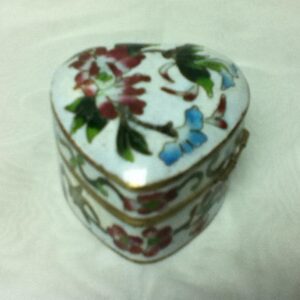 Vintage, Beautiful, Cloisonne, Heart-Shape, White, Floral Trinket Box