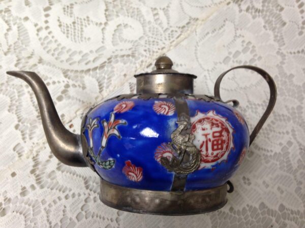 Vintage, Miniature Enamel -Painted Ceramics Metal Teapot 5.5in W x 3.5 H