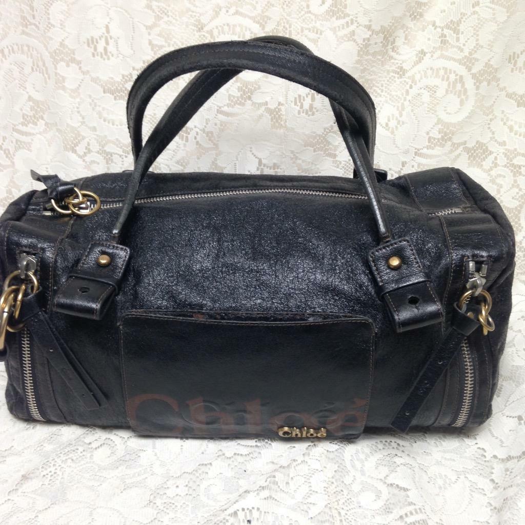 Authentic, Chloe Black Distressed Leather Shoulder Bag 15in x 8in x 7in