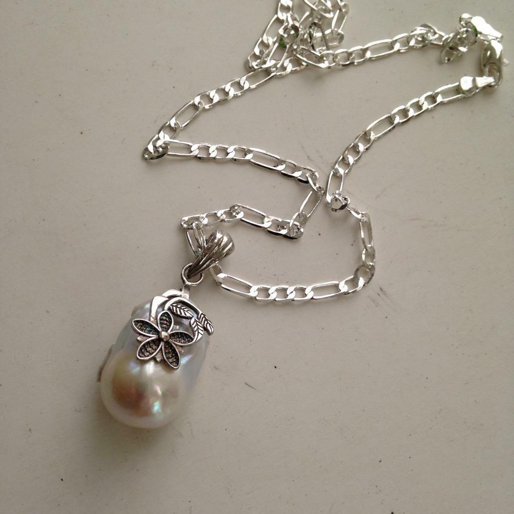 Genuine 1.25in Baroque Pearl Pendant with 18in Sterling Chain Necklace (A)