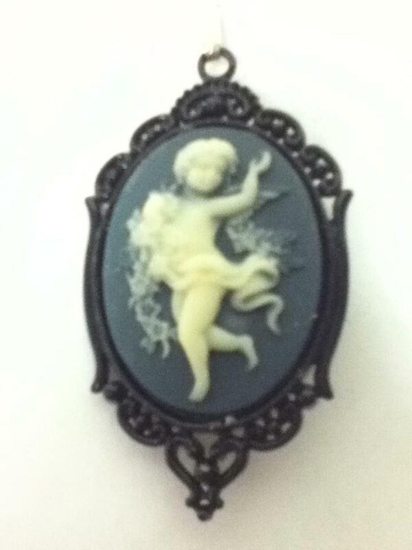 Black and Gray Cherub Cameo Brooch-Pendant with 925 Chain Necklace