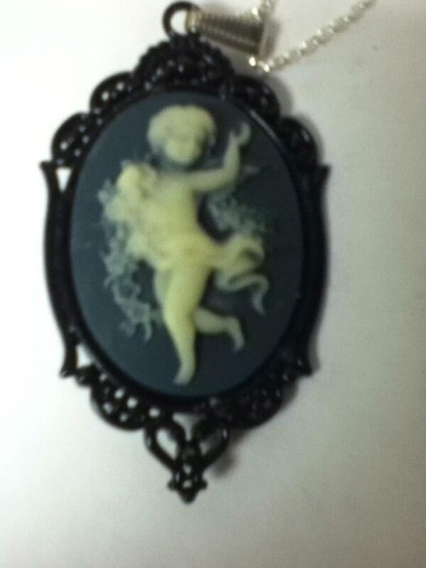 Black and Gray Cherub Cameo Brooch-Pendant with 925 Chain Necklace