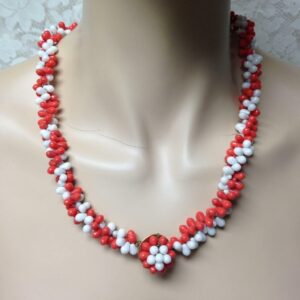 Vintage, Orange and Rice Pearls, 22 inch Necklace with Floral Snaps