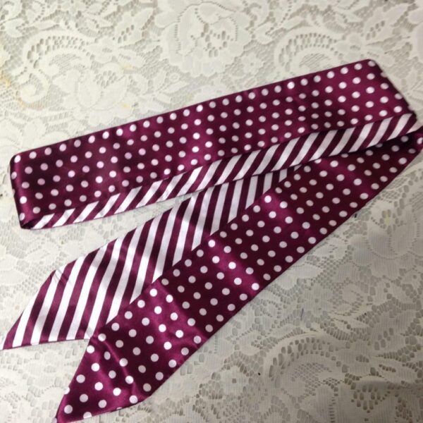 Reversible, Burgundy-white Stripes n Polka Dot Ladies Neck Sash-Tie 60in x 2.5in