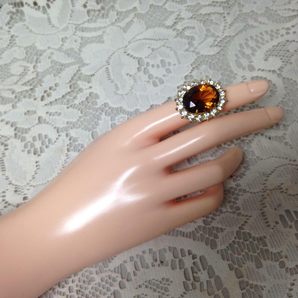 Elegant, Gold Tone, Dark Amber-Citrene Princess Ring -Size 6