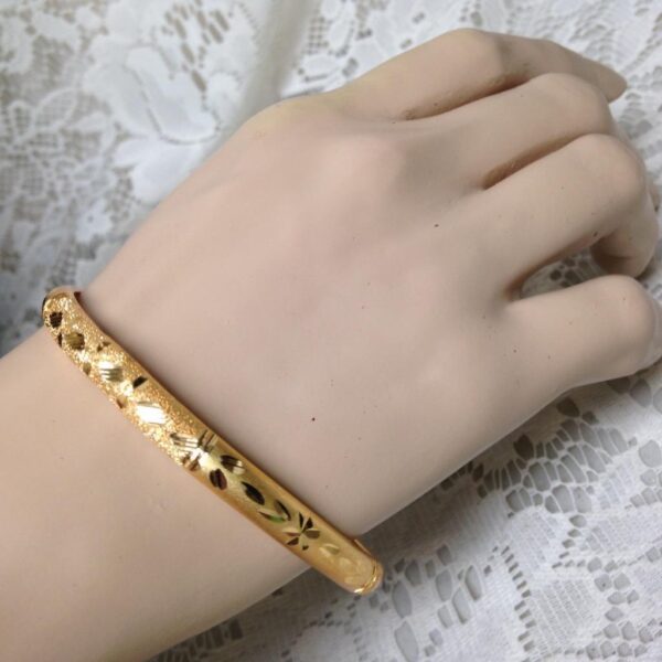 Elegant, Gold, 1/3-inch W -Etched Floral Design Size M-L 8in C Bangle Bracelet