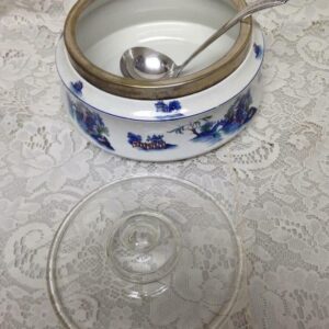 Vintage, England, Gaudy Blue Willow 4pc 8.5inx5in Soup Tureen w/ Lid and Ladle