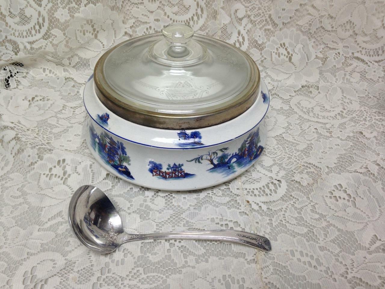 Vintage, England, Gaudy Blue Willow 4pc 8.5inx5in Soup Tureen w/ Lid and Ladle