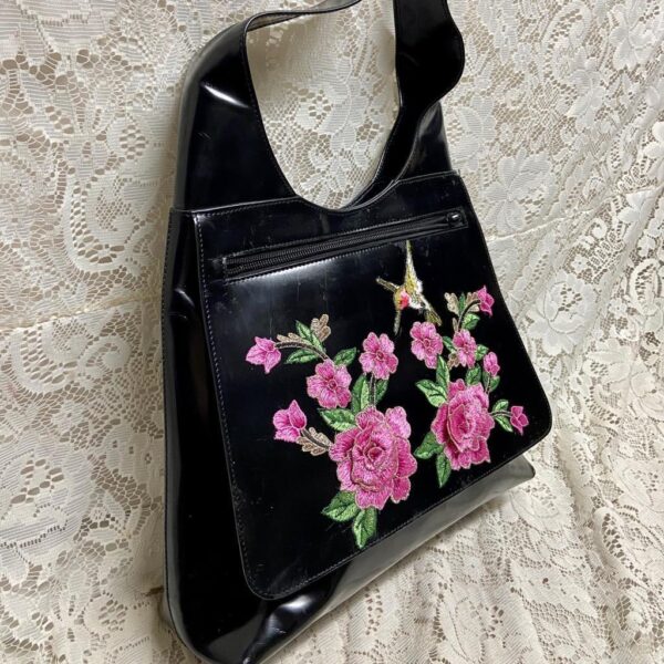 Vintage Gucci Italy Black Enamel-Patent Purse-Shoulder Bag 13in x 12in x 4in