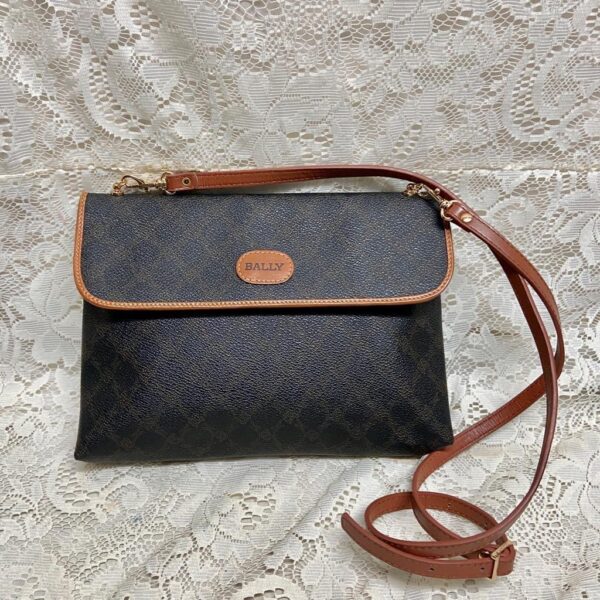 Bally Brown Coated Canvas-Leather Trim Clutch-Crossbody 11in x 8in x 2in.