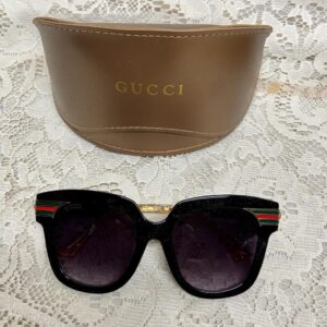 Gucci, Italy, Black-Gold with Red and Green Band Sunglasses With Gold Case