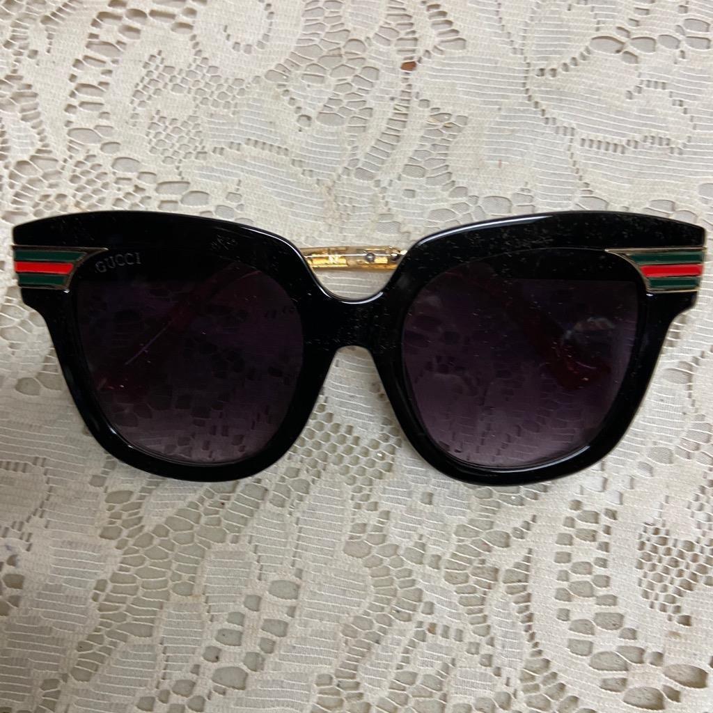 Gucci, Italy, Black-Gold with Red and Green Band Sunglasses With Gold Case