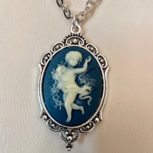 Vintage Grayish-Black Cameo of a Cherub 18in Silver Plated Pendant Necklace