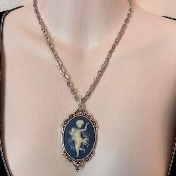 Vintage Grayish-Black Cameo of a Cherub 18in Silver Plated Pendant Necklace