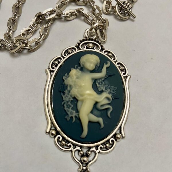 Vintage Grayish-Black Cameo of a Cherub 18in Silver Plated Pendant Necklace