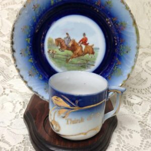 Antique, Rare, Victoria Austria, Flow Blue Equestrian-Think of Me Cup and Saucer