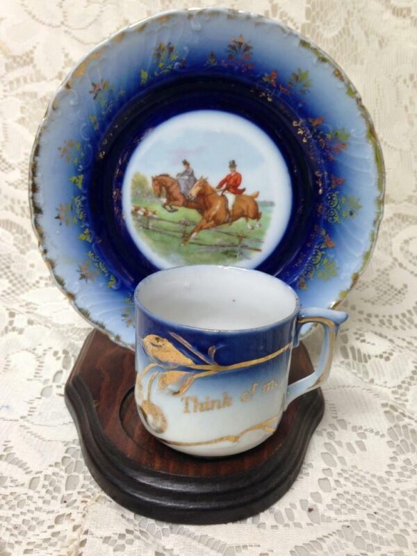 Antique, Rare, Victoria Austria, Flow Blue Equestrian-Think of Me Cup and Saucer