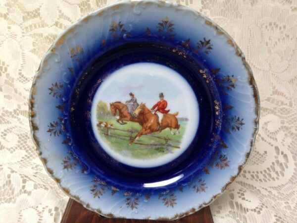 Antique, Rare, Victoria Austria, Flow Blue Equestrian-Think of Me Cup and Saucer