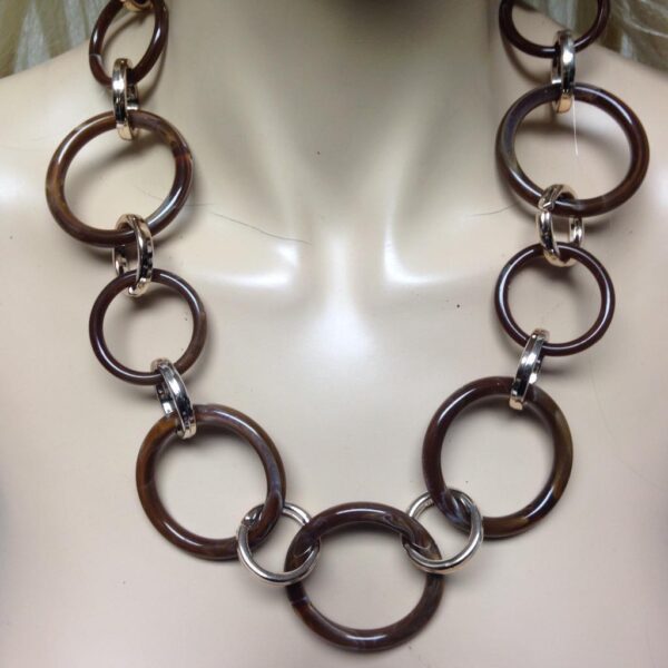 Beautiful, Chunky, Round Chocolate Brown and Silver Ring, 22in Necklace