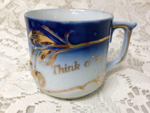 Antique, Rare, Victoria Austria, Flow Blue Equestrian-Think of Me Cup and Saucer