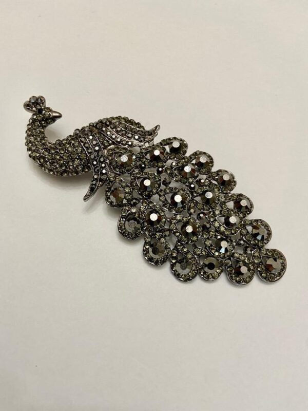 Elegant 5in x 2in Black Rhinestones Peacock Brooch-Pendant