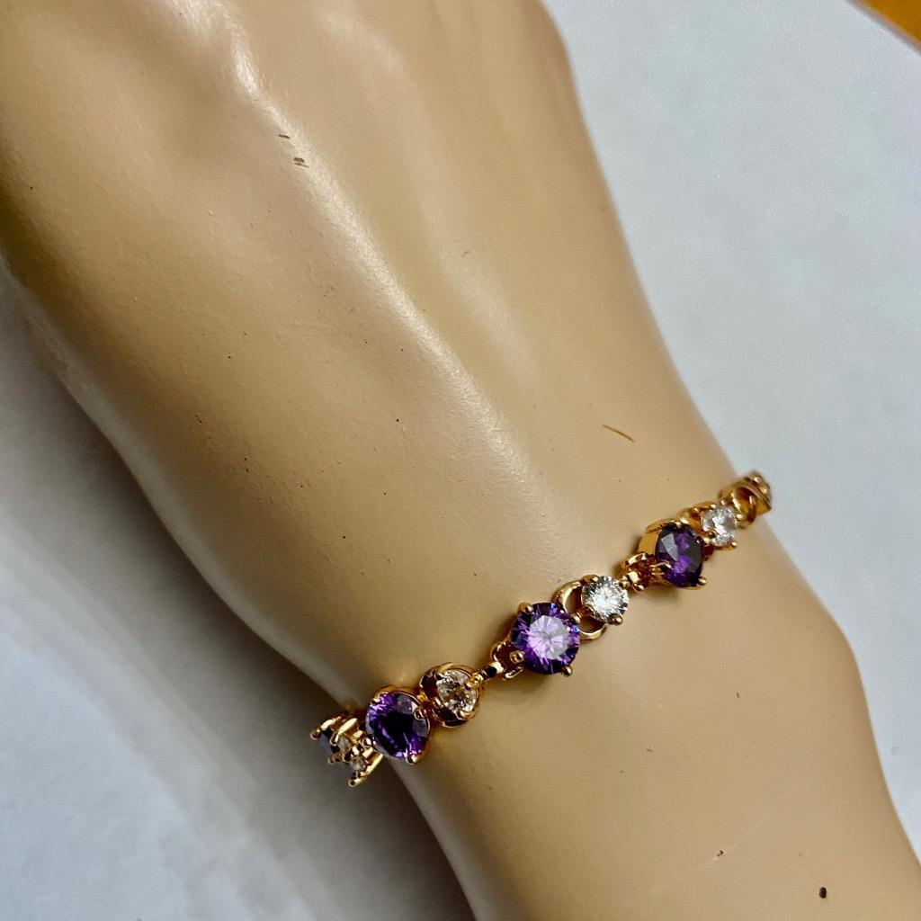 Vintage, Amethyst-CZ Diamonds Gold over Sterling Silver Tennis Bracelet