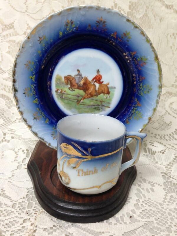 Antique, Rare, Victoria Austria, Flow Blue Equestrian-Think of Me Cup and Saucer