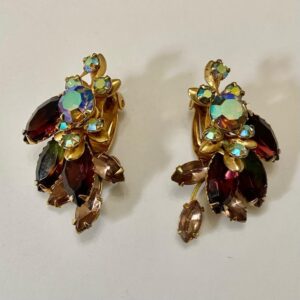 1950s Gorgeous Purple Borealis Rhinestone, Gold Tone Clip Earrings