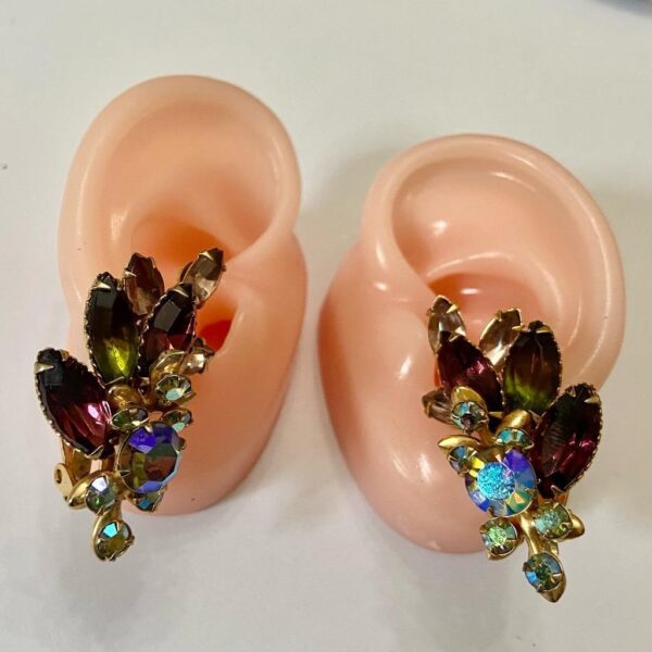 1950s Gorgeous Purple Borealis Rhinestone, Gold Tone Clip Earrings