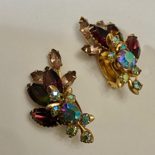 1950s Gorgeous Purple Borealis Rhinestone, Gold Tone Clip Earrings