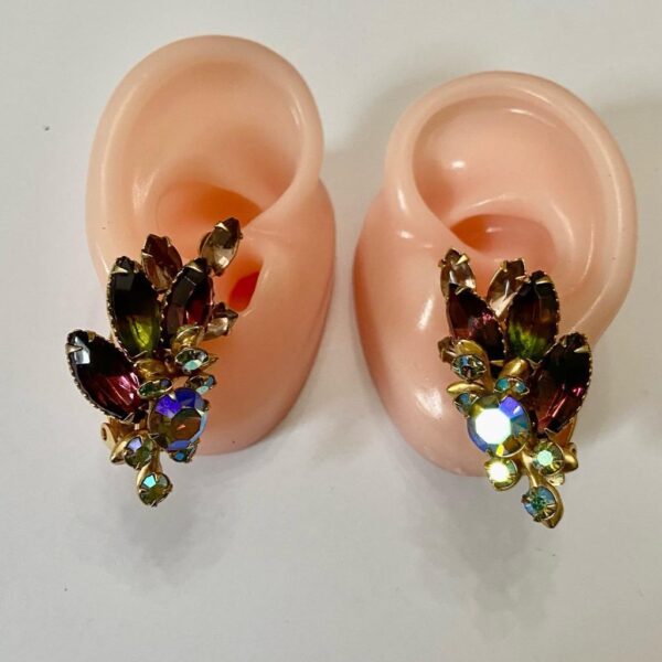 1950s Gorgeous Purple Borealis Rhinestone, Gold Tone Clip Earrings