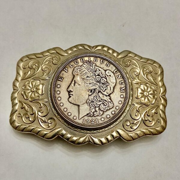 Antique 1921 Silver Morgan Dollar Coin Buckle 3.25in x 2.25in