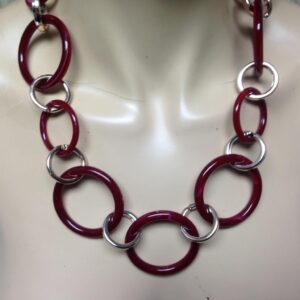 Beautiful, Chunky, Round Burgundy Red and Silver Ring, 22in Necklace