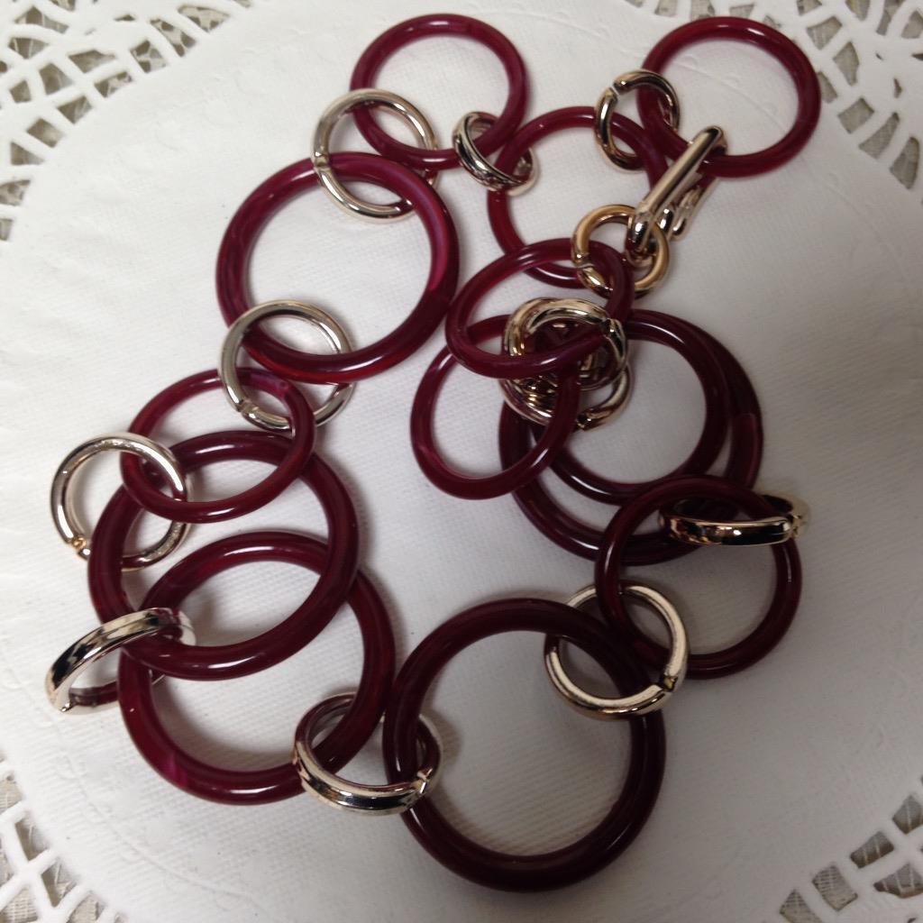 Beautiful, Chunky, Round Burgundy Red and Silver Ring, 22in Necklace