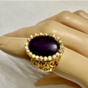 Vintage, Rare, Hobe Gold Tone, Dark Purple with Rhinestones Adjustable Ring