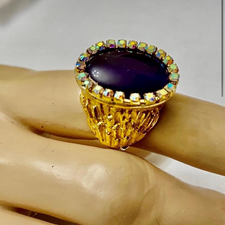 Vintage, Rare, Hobe Gold Tone, Dark Purple with Rhinestones Adjustable Ring