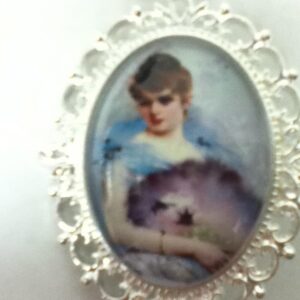 Glass Cabochon Cameo of Lady in White Gown Brooch-Pendant w/ 925 Chain Necklace