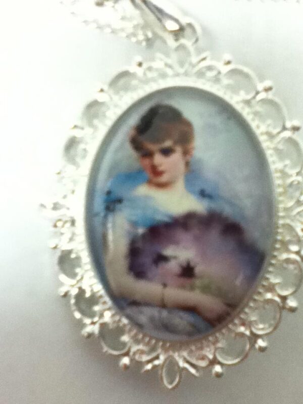 Glass Cabochon Cameo of Lady in White Gown Brooch-Pendant w/ 925 Chain Necklace