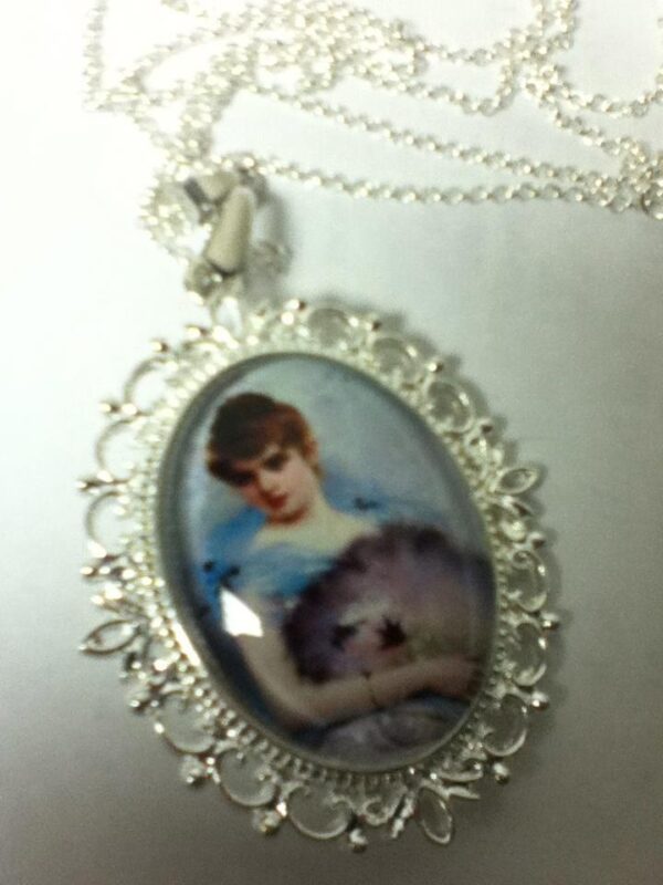 Glass Cabochon Cameo of Lady in White Gown Brooch-Pendant w/ 925 Chain Necklace