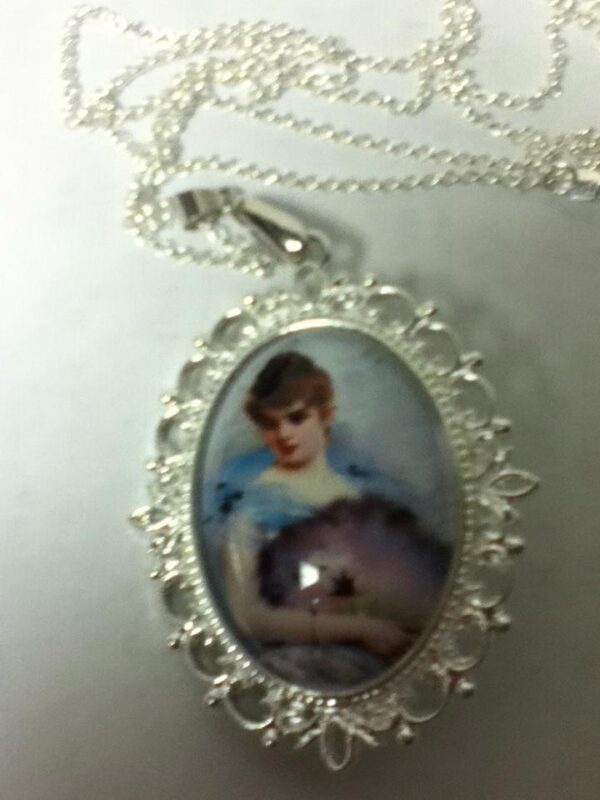 Glass Cabochon Cameo of Lady in White Gown Brooch-Pendant w/ 925 Chain Necklace