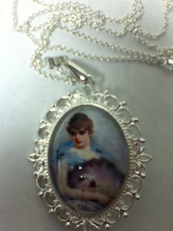Glass Cabochon Cameo of Lady in White Gown Brooch-Pendant w/ 925 Chain Necklace