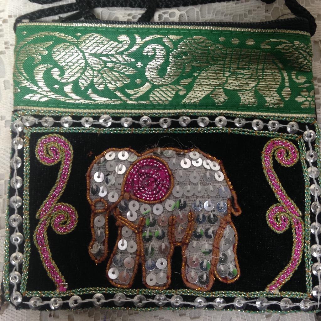 Green Sequined Elephant Coin Purse-Crossbody 5in x 4.5in