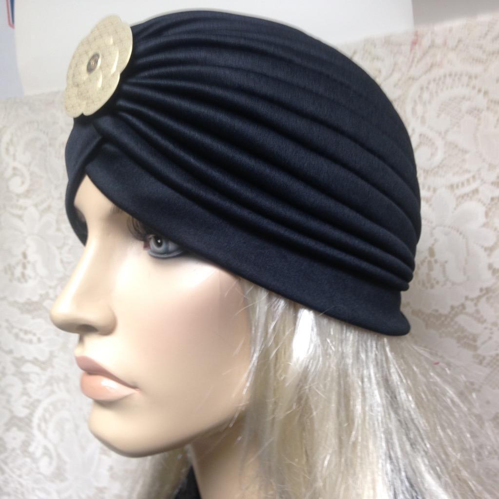 Fabulous Black Cloche’ Turban -Flapper Style Hat with Camelia Ornament