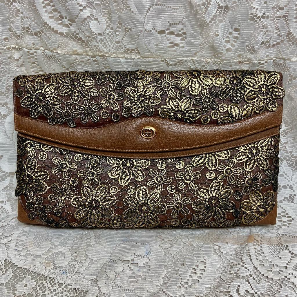 Vintage Gucci Gold Floral Evening Clutch Crossbody 12in x 8in x 4in