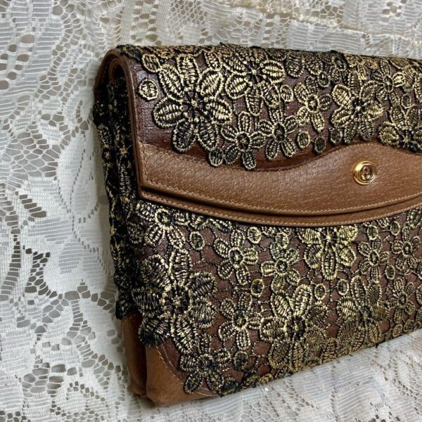 Vintage Gucci Gold Floral Evening Clutch Crossbody 12in x 8in x 4in