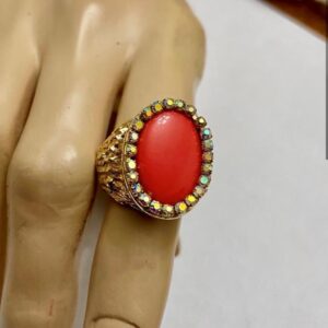 Vintage, Hobe Gold Tone, Orange Coral Cabochon with Rhinestones Adjustable Ring