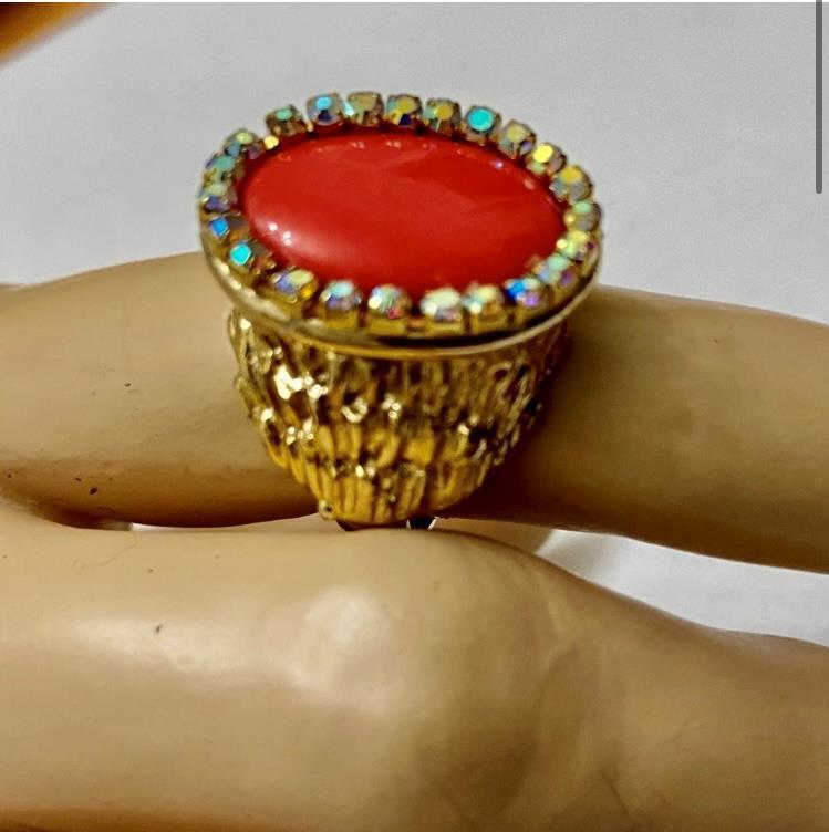 Vintage, Hobe Gold Tone, Orange Coral Cabochon with Rhinestones Adjustable Ring